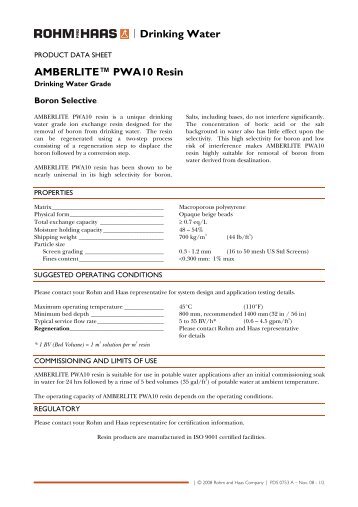 Drinking Water AMBERLITE™ PWA10 Resin - The Dow Chemical ...
