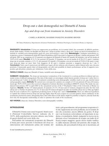 Drop-out e dati demografici nei Disturbi d'Ansia - Rivista di Psichiatria