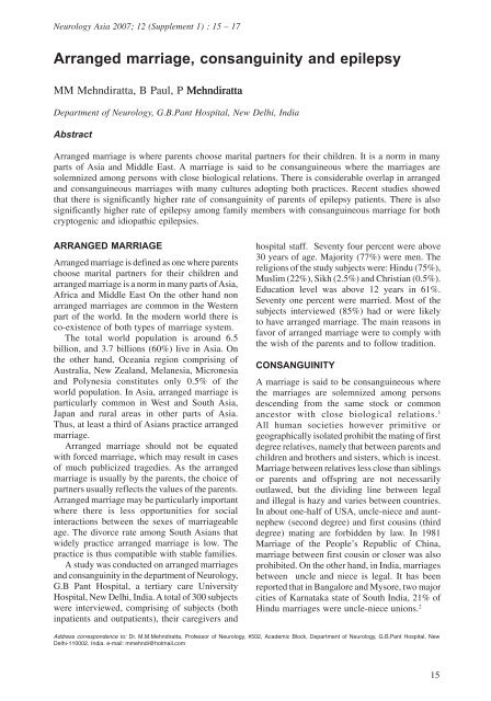 Arranged marriage, consanguinity and epilepsy - Neurology Asia