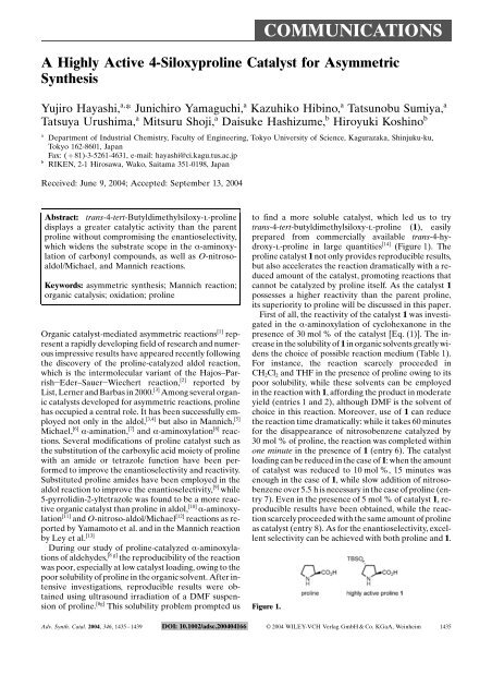 A Highly Active 4-Siloxyproline Catalyst for Asymmetric Synthesis