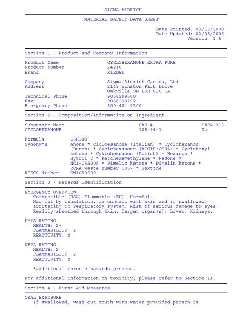 SIGMA-ALDRICH MATERIAL SAFETY DATA SHEET Date Printed ...