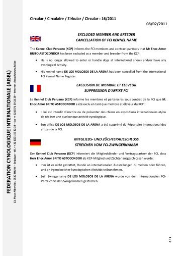 2011 cir 16 exclusion de membre et suppression d'affixe - Perou - FCI