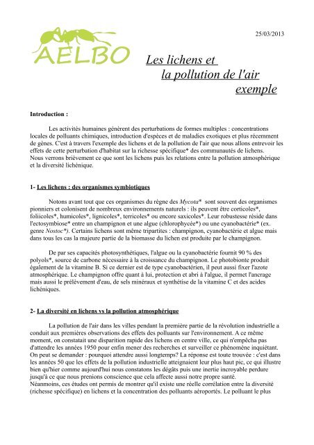 Les lichens et la pollution de l'air exemple