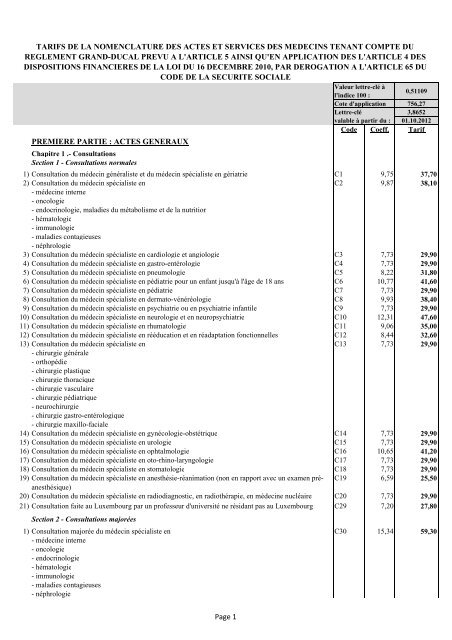 premiere partie : actes generaux tarifs de la nomenclature ... - CNS