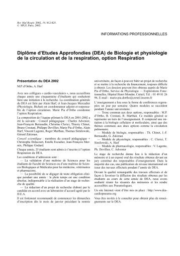 Diplôme d'Etudes Approfondies (DEA) de Biologie et physiologie de ...