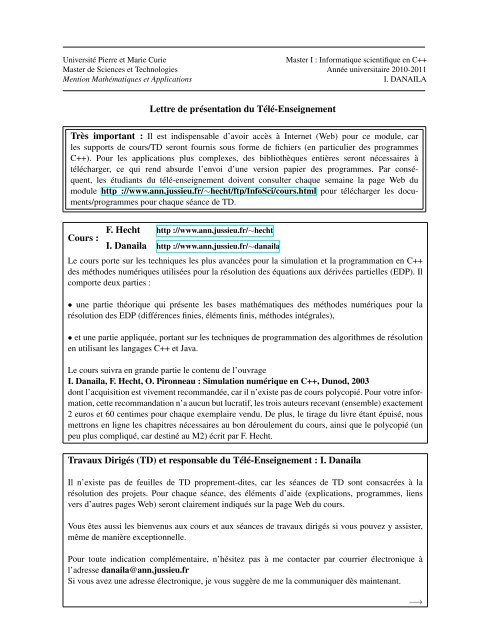 Lettre de présentation du Télé-Enseignement Cours : F. Hecht ...