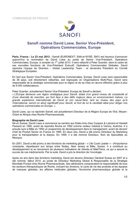 Sanofi nomme David Loew, Senior Vice-Président, Opérations ...