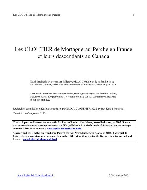 Les CLOUTIER de Mortagne-au-Perche en France et leurs ...