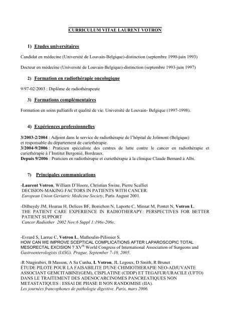 Curriculum Vitae Laurent Votron Radiotherapie Oncologie Albi Com