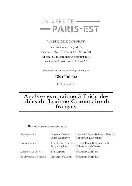 Analyse syntaxique à l'aide des tables du Lexique ... - Accueil