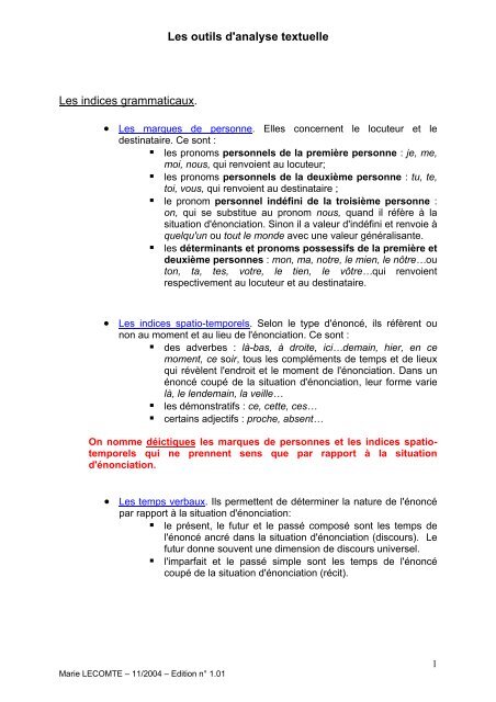 Les outils d'analyse textuelle Les indices grammaticaux.