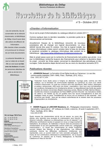 Newsletter n°5, octobre 2012 - La Bibliothèque du DEFAP