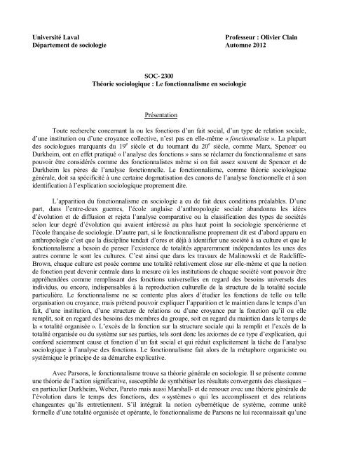 le fonctionnalisme en sociologie - Faculté des sciences sociales ...