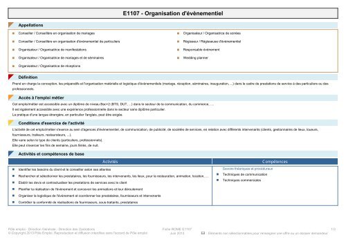 Fiche Rome - E1107 - Organisation d'évènementiel - Pôle Emploi