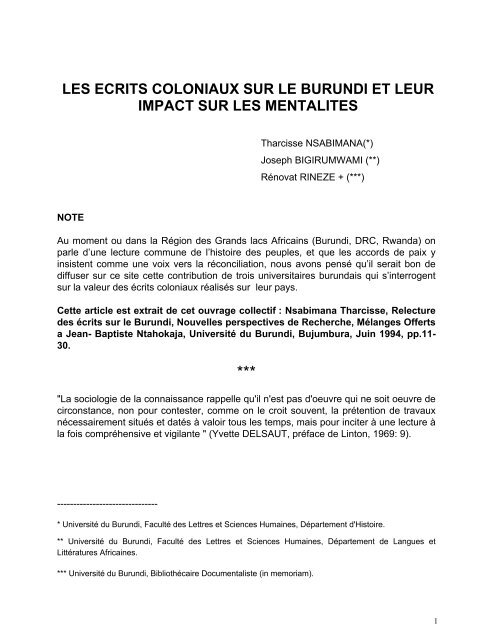 Les écrits coloniaux sur le burundi et leur impact sur les mentalités