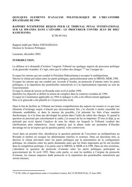 Rapport d'expertise requis pour le Tribunal Penal International sur le ...