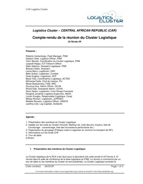 Compte-rendu de la réunion du Cluster Logistique - Logcluster.org