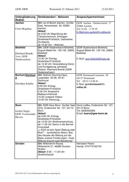 MAT 2011-02-21 Liste Streikstandorte Aktionen ... - TeachersNews