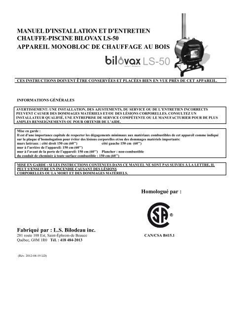 PDF manuel utilisateur chauffe-piscine Bilovax ... - L.S. Bilodeau Inc.