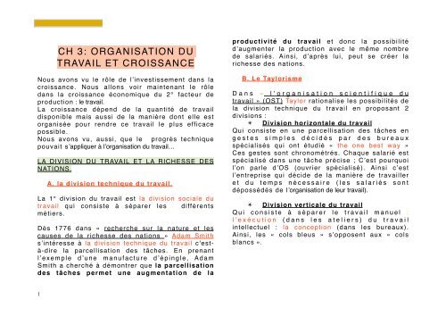 Ch 3 Organisation Du Travail Et Croissance Cours Seko