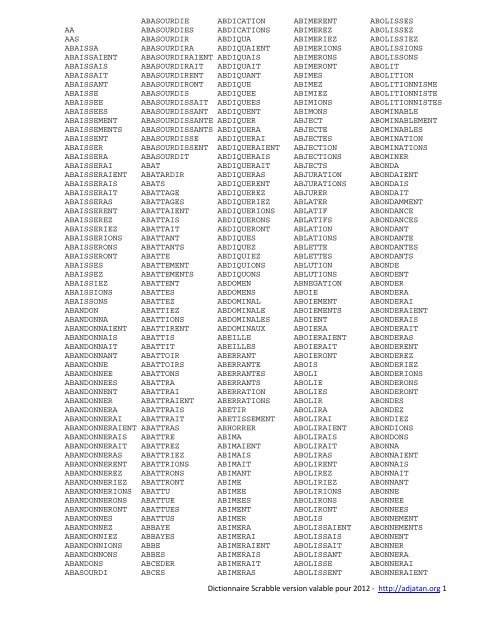 Dictionnaire Scrabble version valable pour 2012 - http://adjatan.org 1