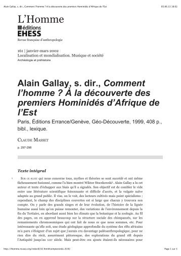 Compte rendu dans la revue "L'Homme". - Alain Gallay