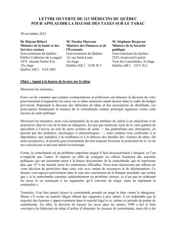 lettre ouverte de 213 médecins du québec pour applaudir la hausse ...