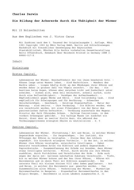 Charles Darwin Die Bildung der Ackererde durch die Thätigkeit der ...