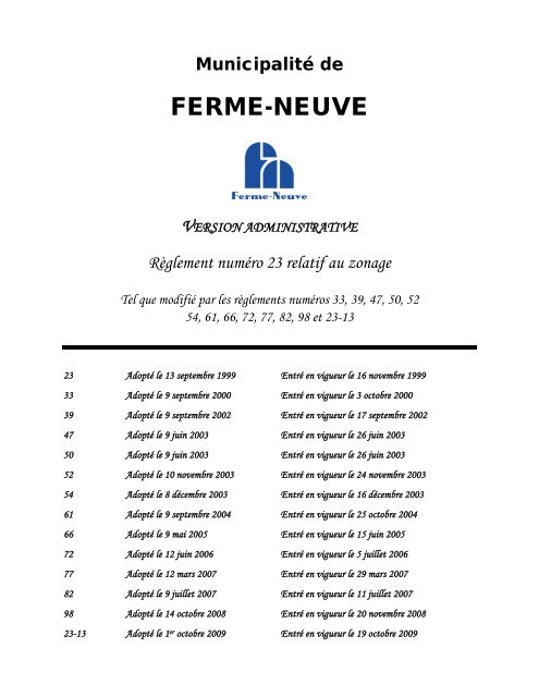 règlement no. 23 relatif au zonage - Municipalité de Ferme-Neuve