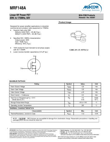 MRF148A Datasheet M/A-Com Technology Solutions