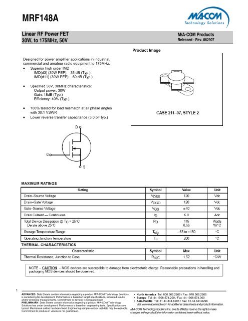 MRF148A Datasheet M/A-Com Technology Solutions