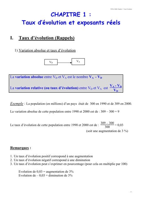 Cours chapitre 1 taux d'evolution