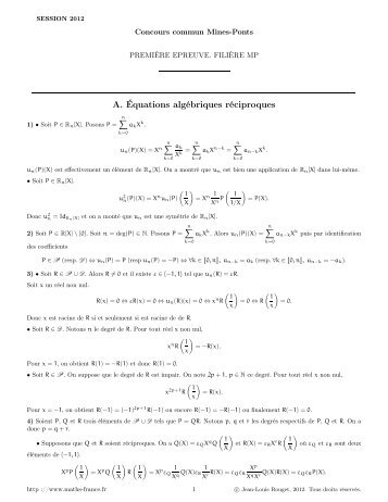 A. Équations algébriques réciproques - Maths-france.fr