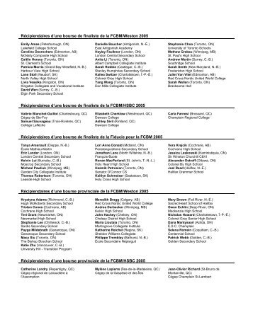 Récipiendaires d'une bourse de finaliste de la FCBM/Weston 2005 ...