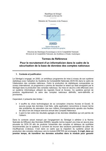 Termes de Référence Pour le recrutement d'un informaticien ... - ANSD