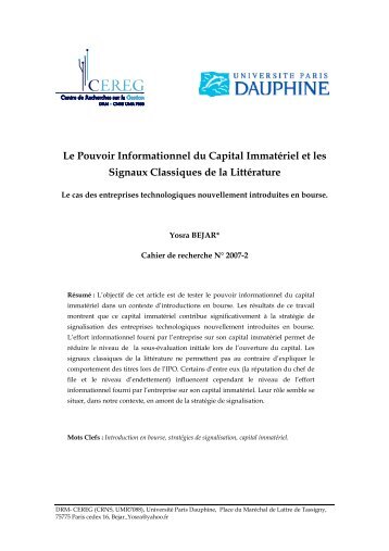 Le Pouvoir Informationnel du Capital Immatériel et les Signaux ...