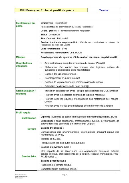 Fiche de poste-Informaticien Rx Périnat - Fédération des Réseaux ...