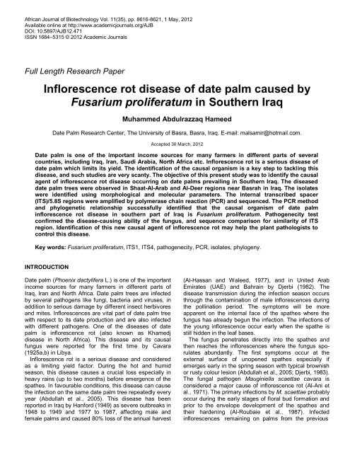 Inflorescence rot disease of date palm is caused by Fusarium ...