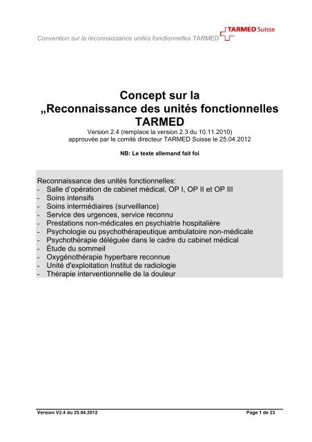 Convention sur la reconnaissance unités fonctionnelles TARMED