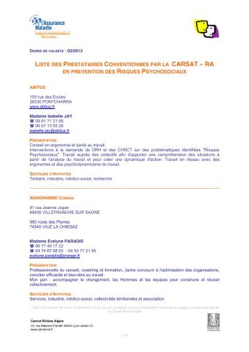 liste des prestataires conventionnes par la carsat – ra en ... - Aravis