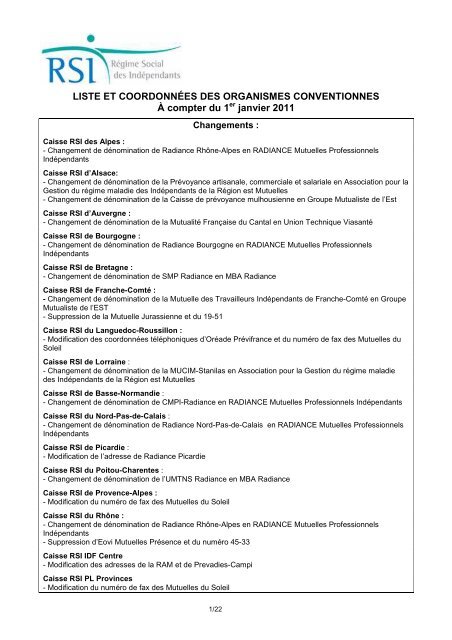 Liste Organismes Conventionnés RSI au 010111 - ANGVC