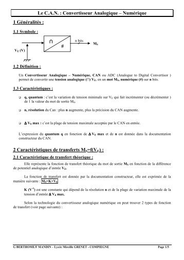 Le C.A.N. : Convertisseur Analogique – Numérique 1 Généralités : 2 ...