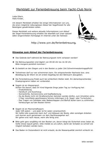 Merkblatt zur Ferienbetreuung beim Yacht-Club Noris - YCN