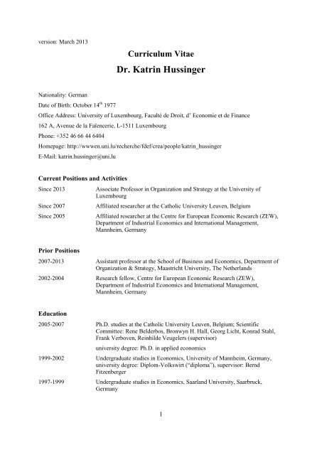 Curriculum Vitae Dr. Katrin Hussinger