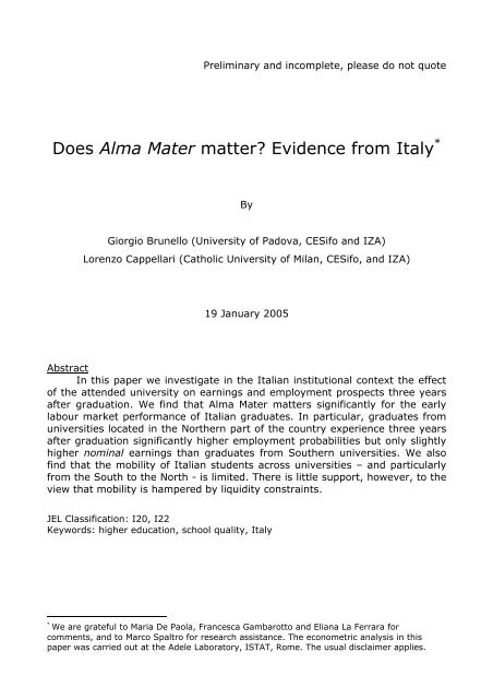 Does Alma Mater matter? Evidence from Italy*