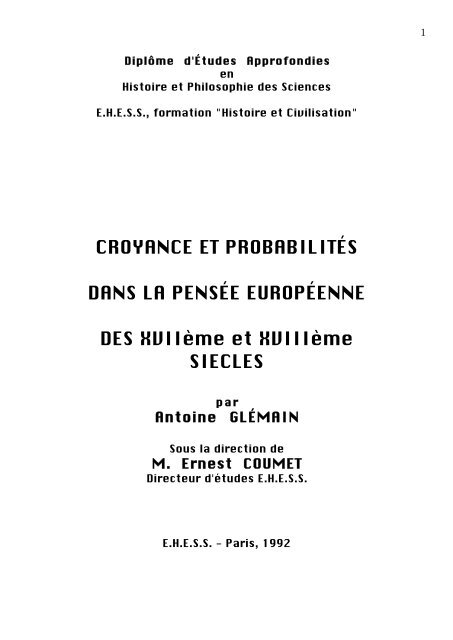 CROYANCE ET PROBABILITÉS DANS LA PENSÉE EUROPÉENNE ...