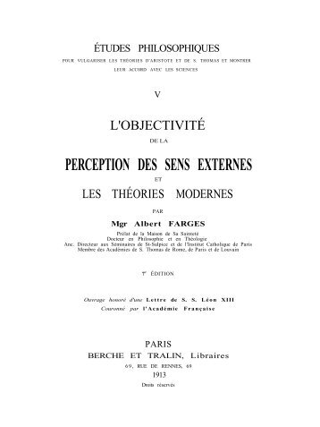 L'objectivité de la perception des sens externes. - Thomas d'Aquin ...