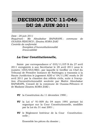 Lire décision - Cour Constitutionnelle du Bénin
