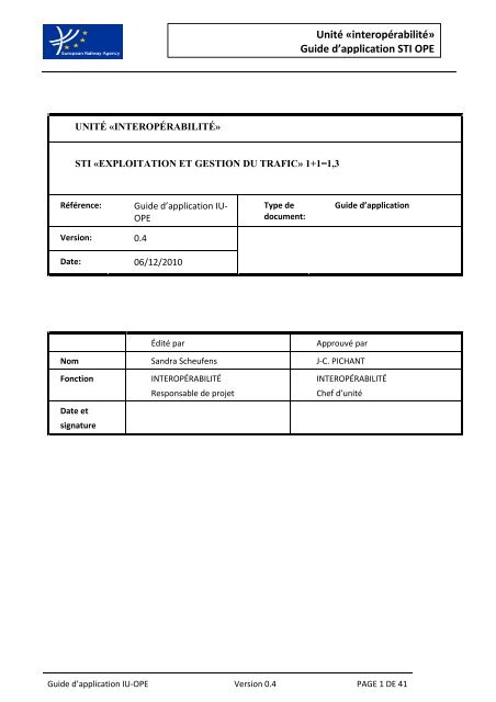 Unité «interopérabilité» Guide d'application STI OPE - ERA - Europa