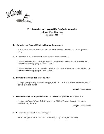 Procès verbal de l'Assemblée Générale Annuelle - Choeur Florilège